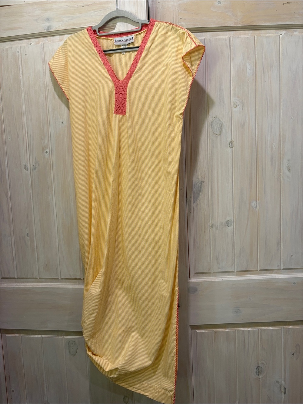 Sunshine Yellow V-Neck Maxi Caftan with Coral Trim